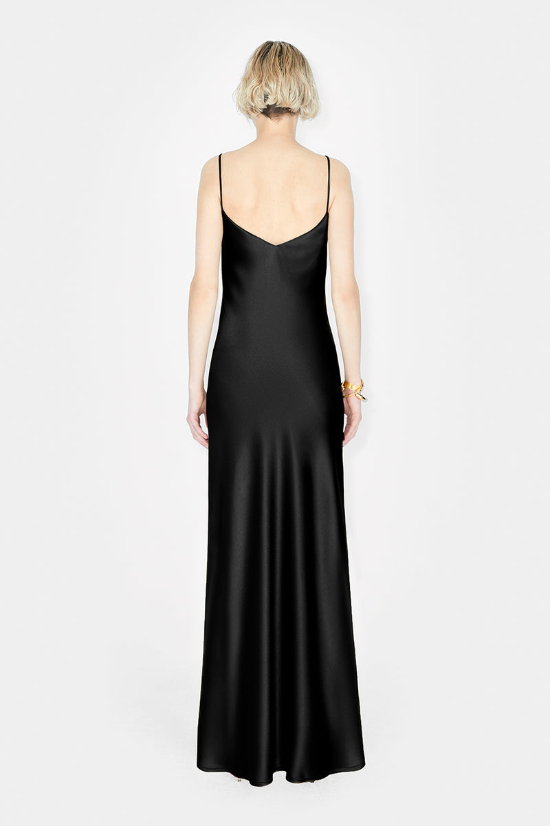 Satin V-Neck Slip Dress - Black