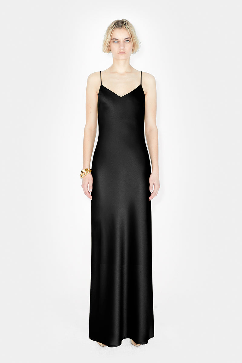 Satin V-Neck Slip Dress - Black